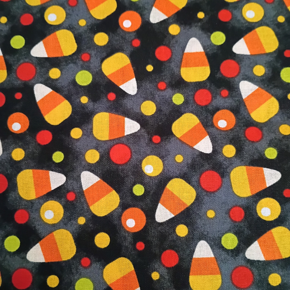 Candy Corn Print Cotton Fabric - Black  Background. Price Per Yard.